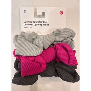 Lululemon Uplifting Scrunchie Bow 3 Pack Raspberry Jade Grey Smoked Spruce